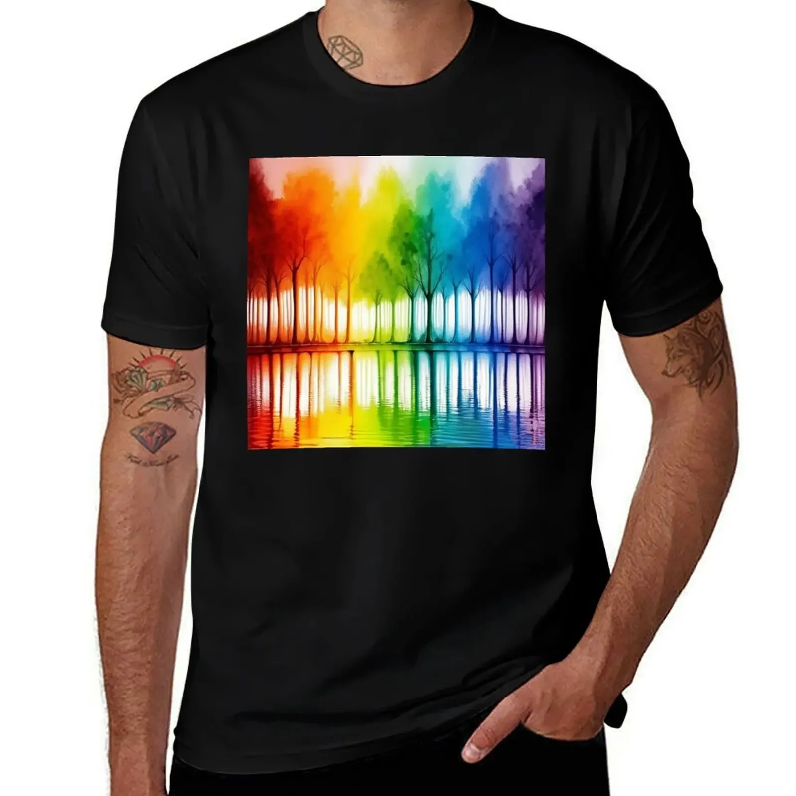 

Watercolor rainbow trees T-Shirt oversized t shirt gifts for boyfriend graphic tee shirt heavyweights Men's cotton t-shirt