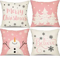 Pink Christmas Pillow Covers Merry Christmas Tree Believe Snowflake Winter Holiday Decor Cushion Cover for Home Couch 50X50