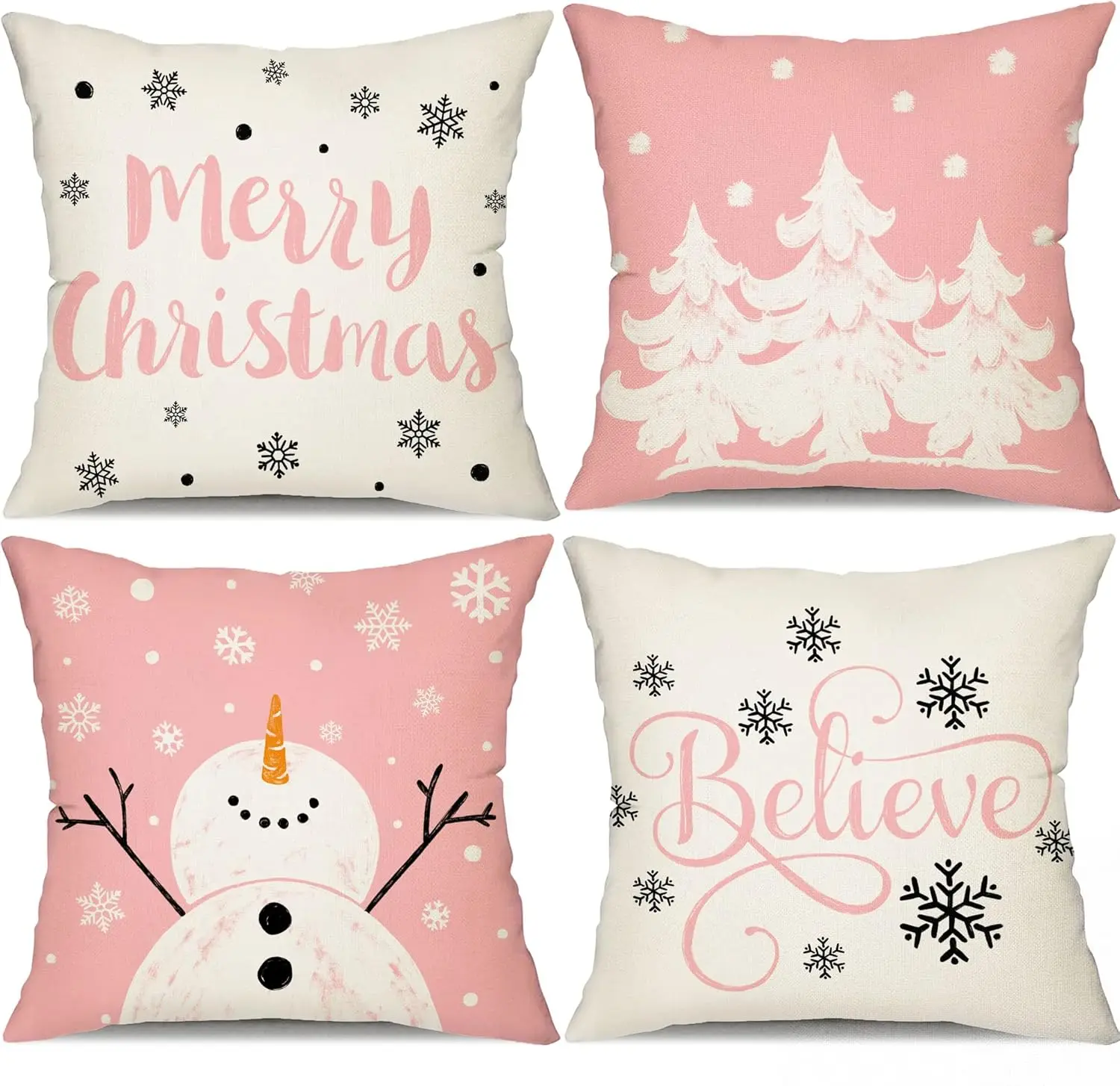 Pink Christmas Pillow Covers Merry Christmas Tree Believe Snowflake Winter Holiday Decor Cushion Cover for Home Couch 50X50