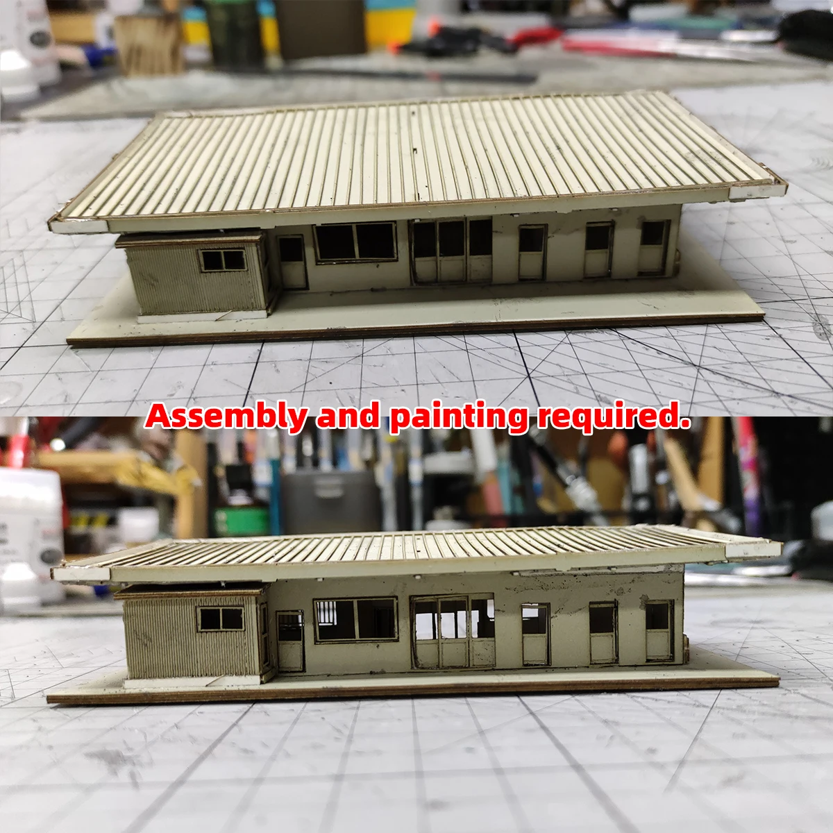 Architekturmodell-Bausatz Miniatur-Gebäude Bushaltestelle Bungalow Bahnhof Ticketbüro Diorama Maßstabsmodell-Set O 1/150 – Detail 1