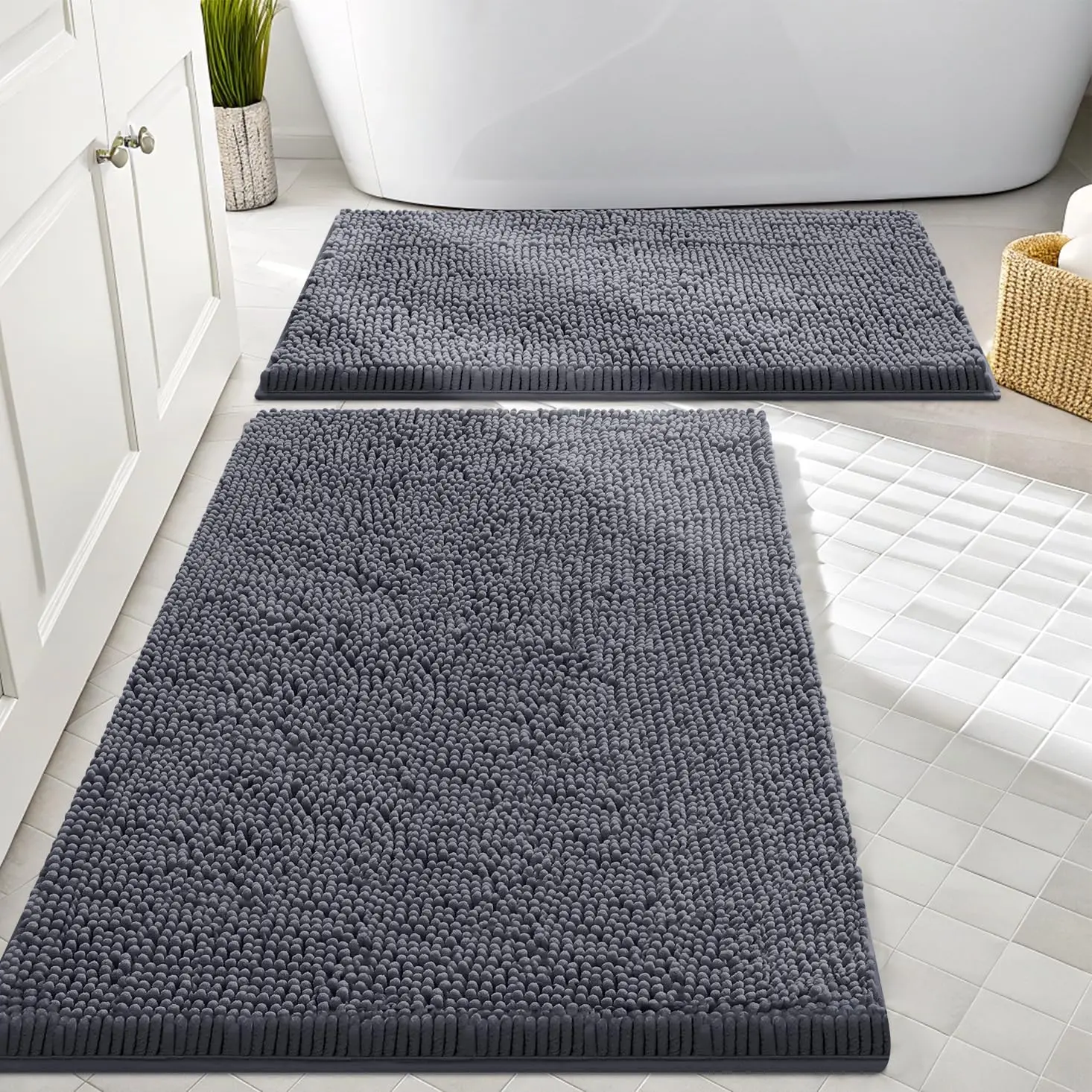 

Bathroom Rugs Sets 2 Piece, Soft Absorbent Chenille Machine Washable Non Slip Shaggy Bath Rug Set for Tub, Shower, and
