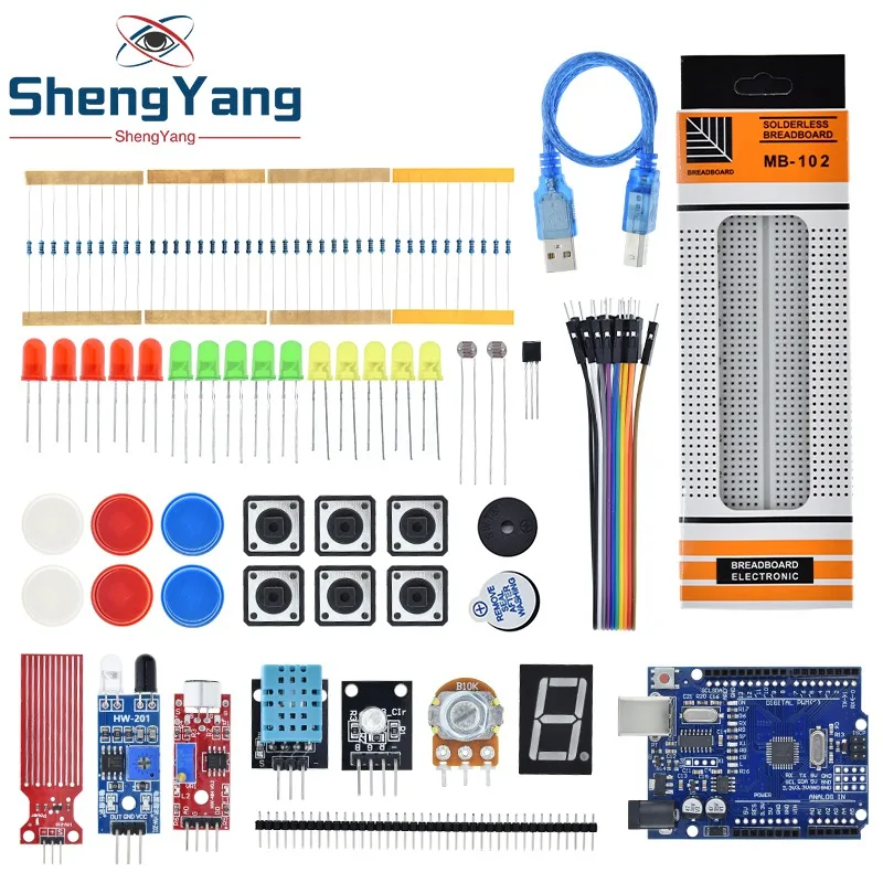 Starter Kit for Arduino Uno R3 Breadboard Basic simple learning kit, sound/water level/humidity/distance detection, LED control