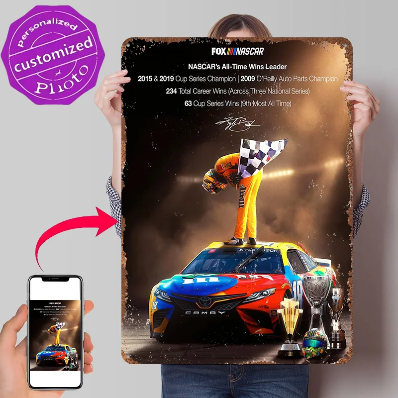 Kyle Busch NASCAR Champion Feier 3D-Textur Gedrucktes Poster Individuelles Vintage Metall Blechschild für Wandkunst Hausdekoration
