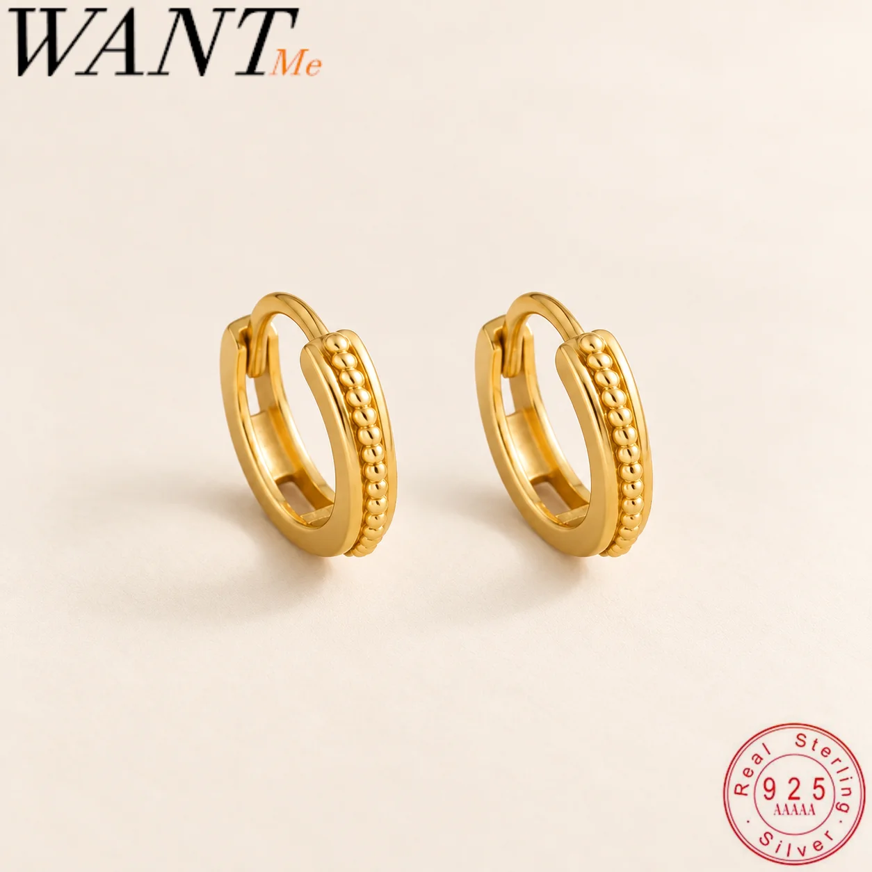 WANTME 925 Sterling Silver Hoop Earrings for Women Gold Plated Bead Pattern Huggie Earring Trendy Daily Wear Fine Jewelry Brinco