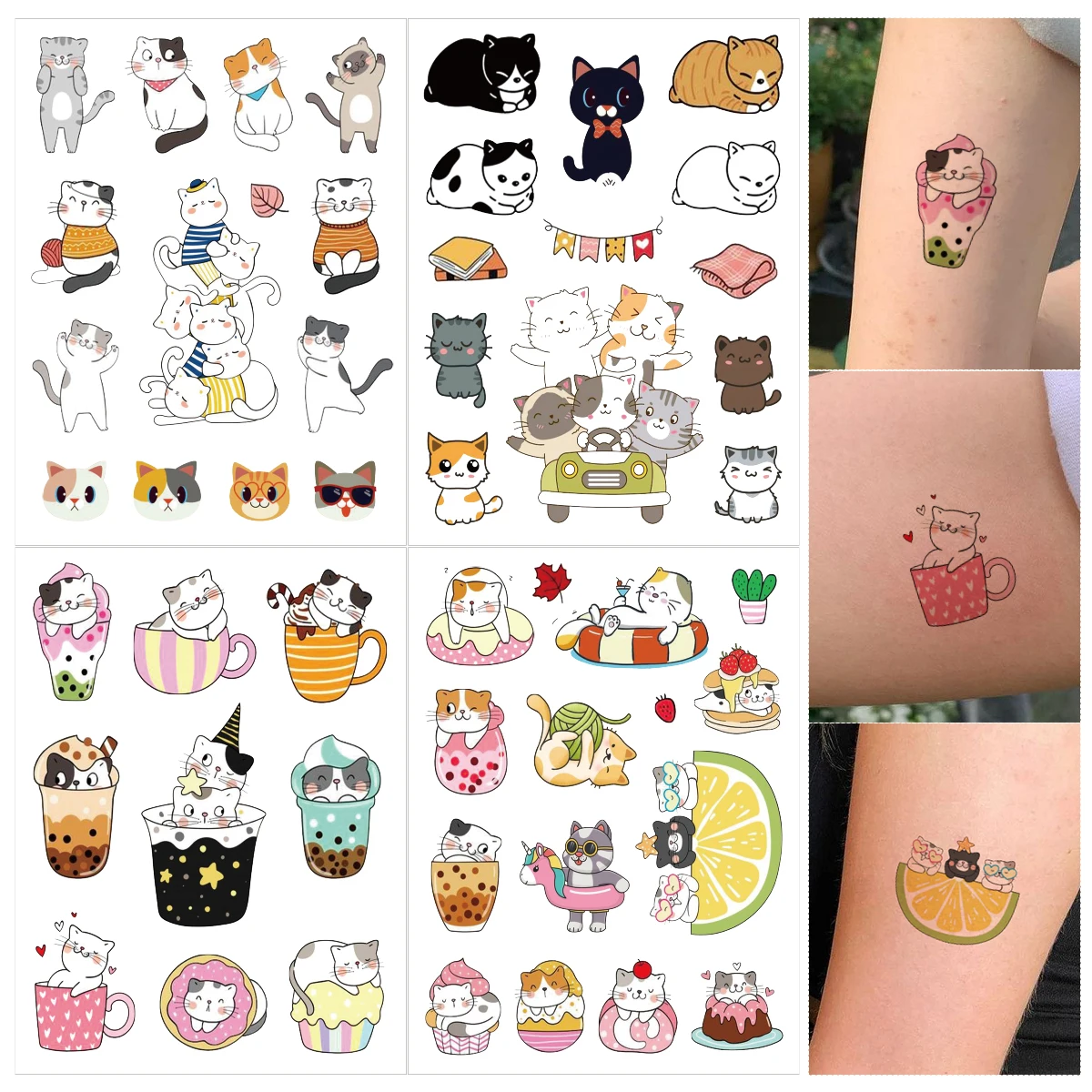 4 folhas de animais dos desenhos animados tatuagem temporária à prova dwaterproof água bonito animal de estimação gatos cães tatuagem adesivos crianças menino menina arte corporal tatuagem de pulso