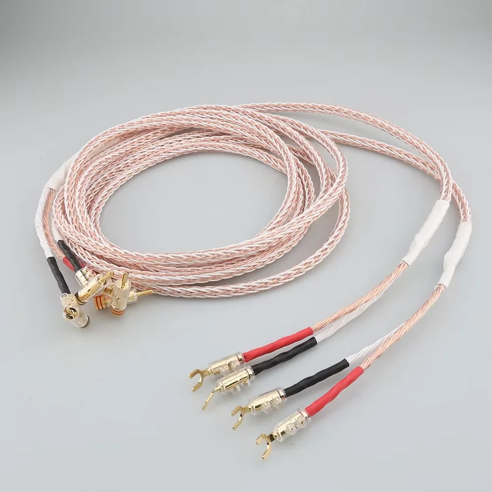 Pair HIFI 8TC 16Core OCC Copper Audio Cable Gold Plated Y Spade Banana Plug Speaker Interconnect Cord for Amplifier Audio Player