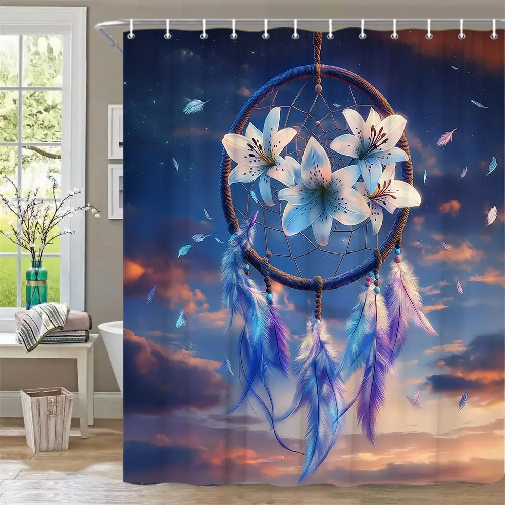 

1pc Dreamcatcher Shower Curtain with White Lilies, Feathers & Sunset Twilight Sky Design - Ethereal Serene Bathroom Decor