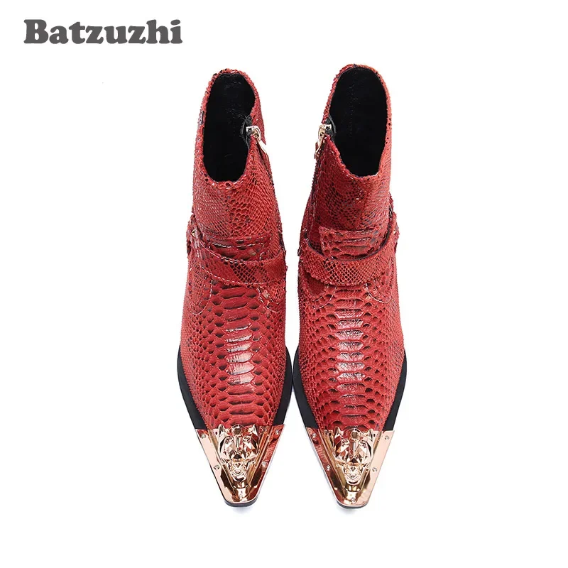 Batzuzhi جلد طبيعي حذاء من الجلد الرجال قبعات رعاة البقر الغربية أحذية الرجال أشار طرف معدني دراجة نارية بوتاس Hombre ، Pluz أحجام 38-46 #1