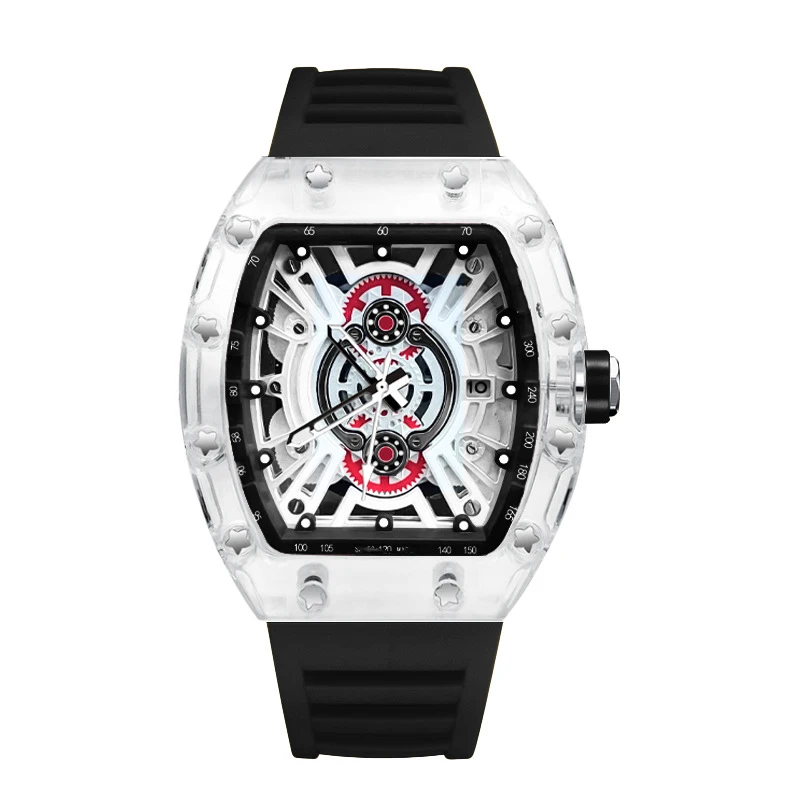 ساعة UTHAI للرجال ماركة متقدمة أوتوماتيكية بالكامل كوارتز ساعة يد مجوفة مقاومة للماء من السيليكون Tonneau ساعات على الموضة