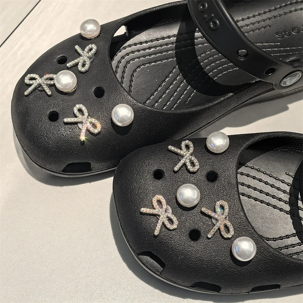 Clog Shoe Charms Sparkling Clear Rhinestone Bow Ballet Alloy Detachable DIY Premium Buckle for Women Girls Travel Portable
