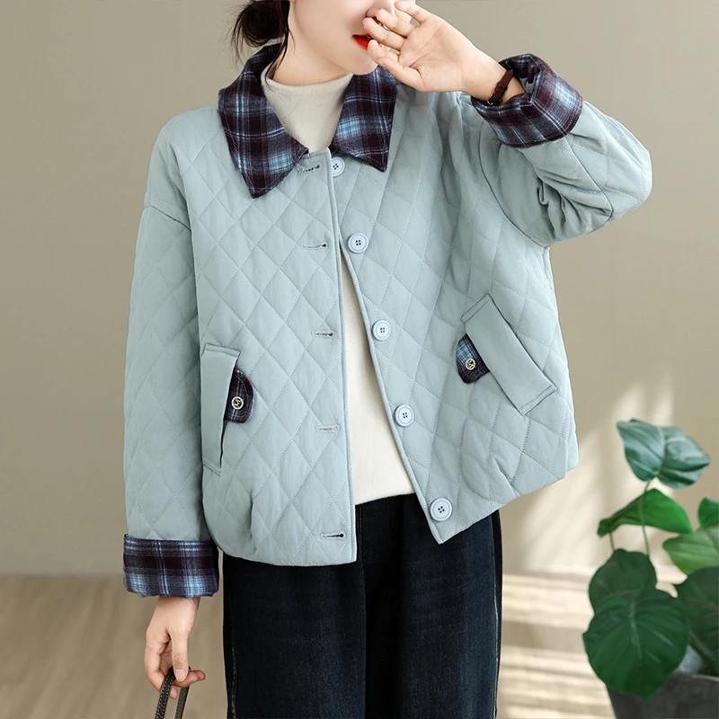 Warm Cotton Jacket Korean Loose Style Slimming Casual Large Size Diamond Pattern Short Outerwear for Women Winter Season