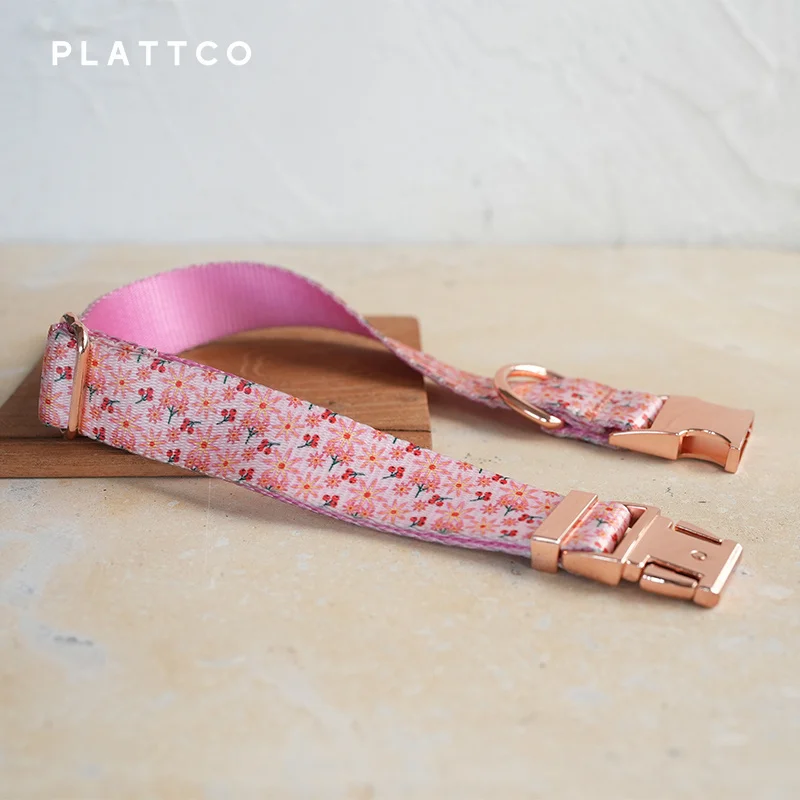 PLATTCO unique design dog collar print PINK LILY pattern with high-quality rose gold buckle 5 size PDC301RG