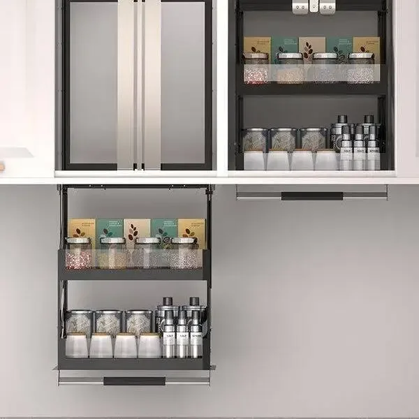 Kitchen wall cabinet lifting pull-down cabinet pull-down cabinet upper and lower buffer door type seasoning basket telescopic