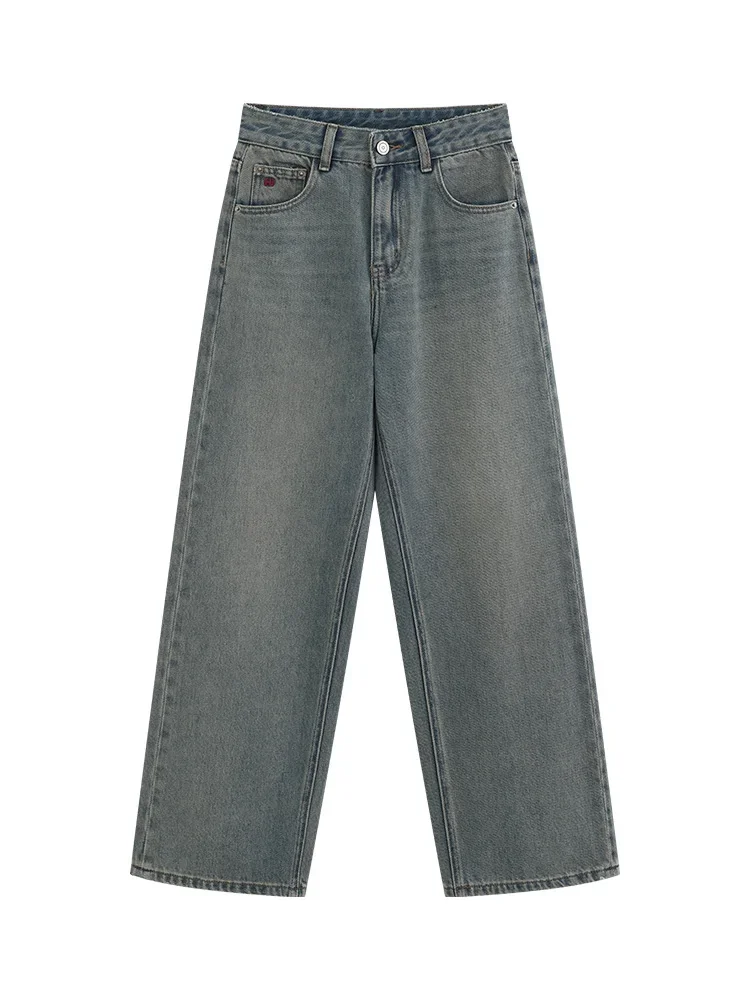 Women Vintage Washed Embroidered Jeans Spring Retro Loose-Fit High-Waist Wide-Leg Pants Boho Embroidery Comfortable Stylish