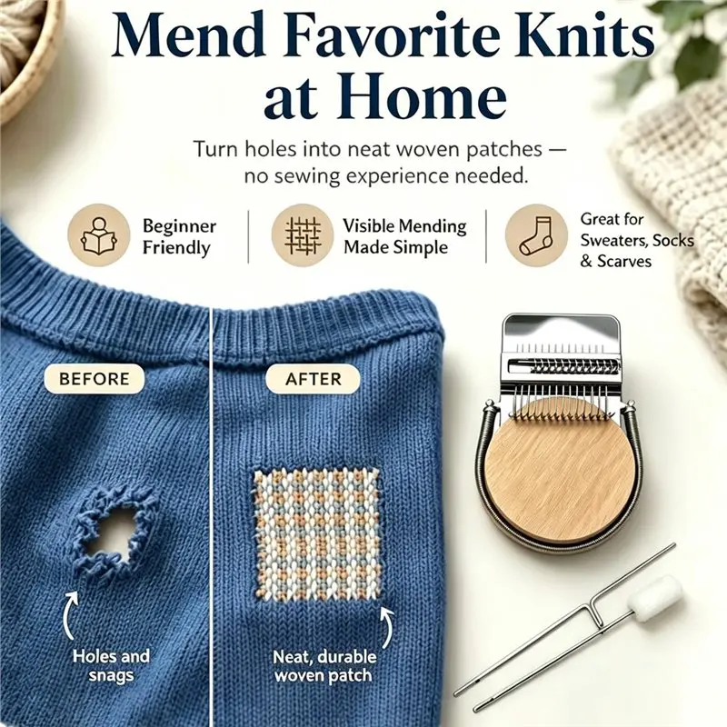 AB42-Small Darning Looms,Weaving Tool For Clothing Repair 14 Hooks Weaving Looms Tool For Jeans,Socks W/24-Color Thread