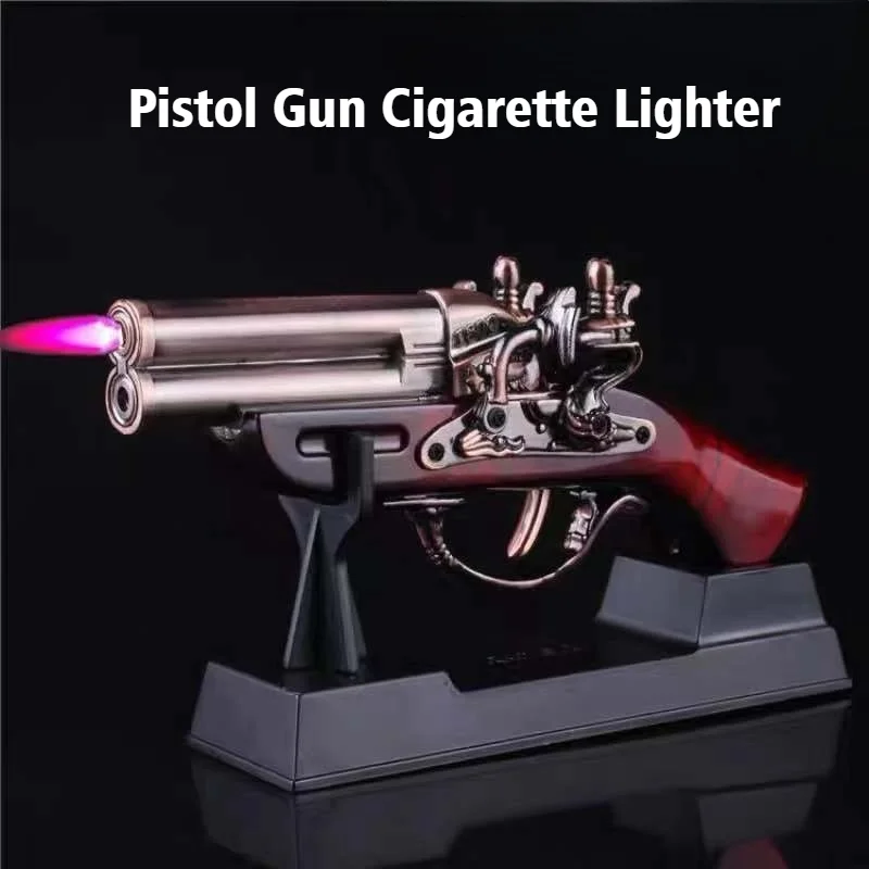 

New Gun Cigar Igniter Pistol Model Lighter Windproof Open Flame All Metal Cool Red Fire Cigarette Lighters & Smoking Accessories