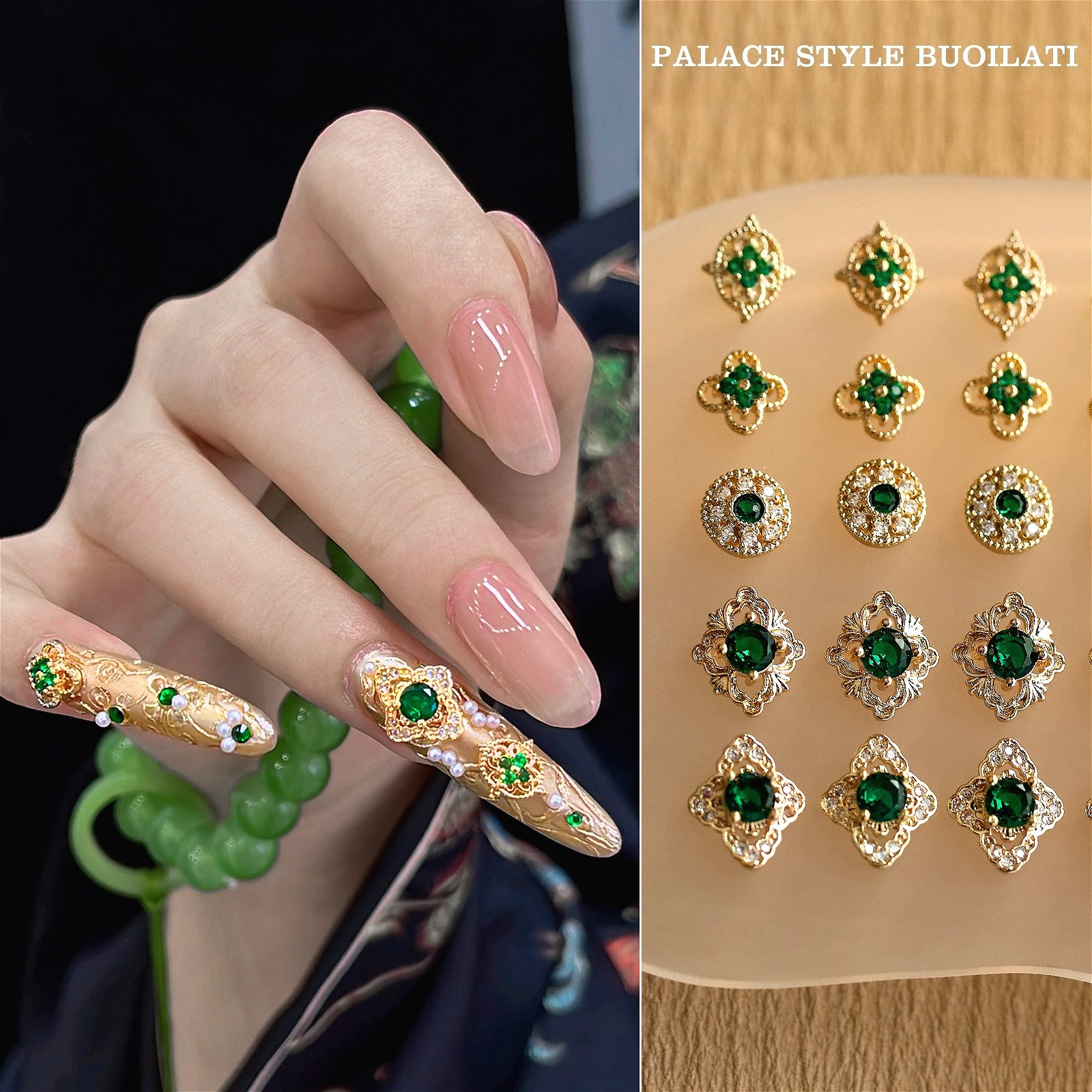 

Courtly Green Zircon Metal Jewelry Ancient Palace Crystal Flower Pearl Luxurious Jade Nail Art Decoration Accessories Manicure