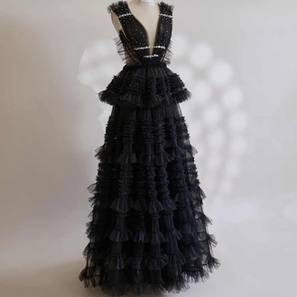 A-Line V-Neck Organza Sleeveless Black Temperament and Fashion Evening Dresses Sequined Pleats Crystal Tiered Saudi Arabia 2024