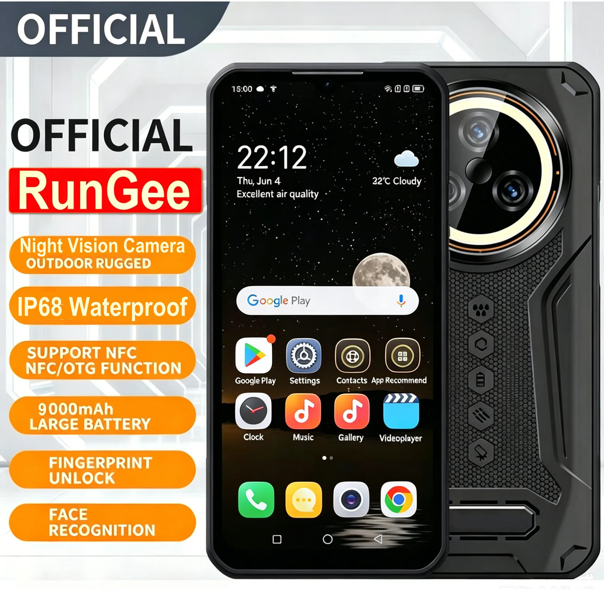 

RunGee Rugged Smartphone with Night Vision, 9000mAh Battery, android15, 8GB+256GB, IP68 Waterproof, NFC, 4G Dual SIM