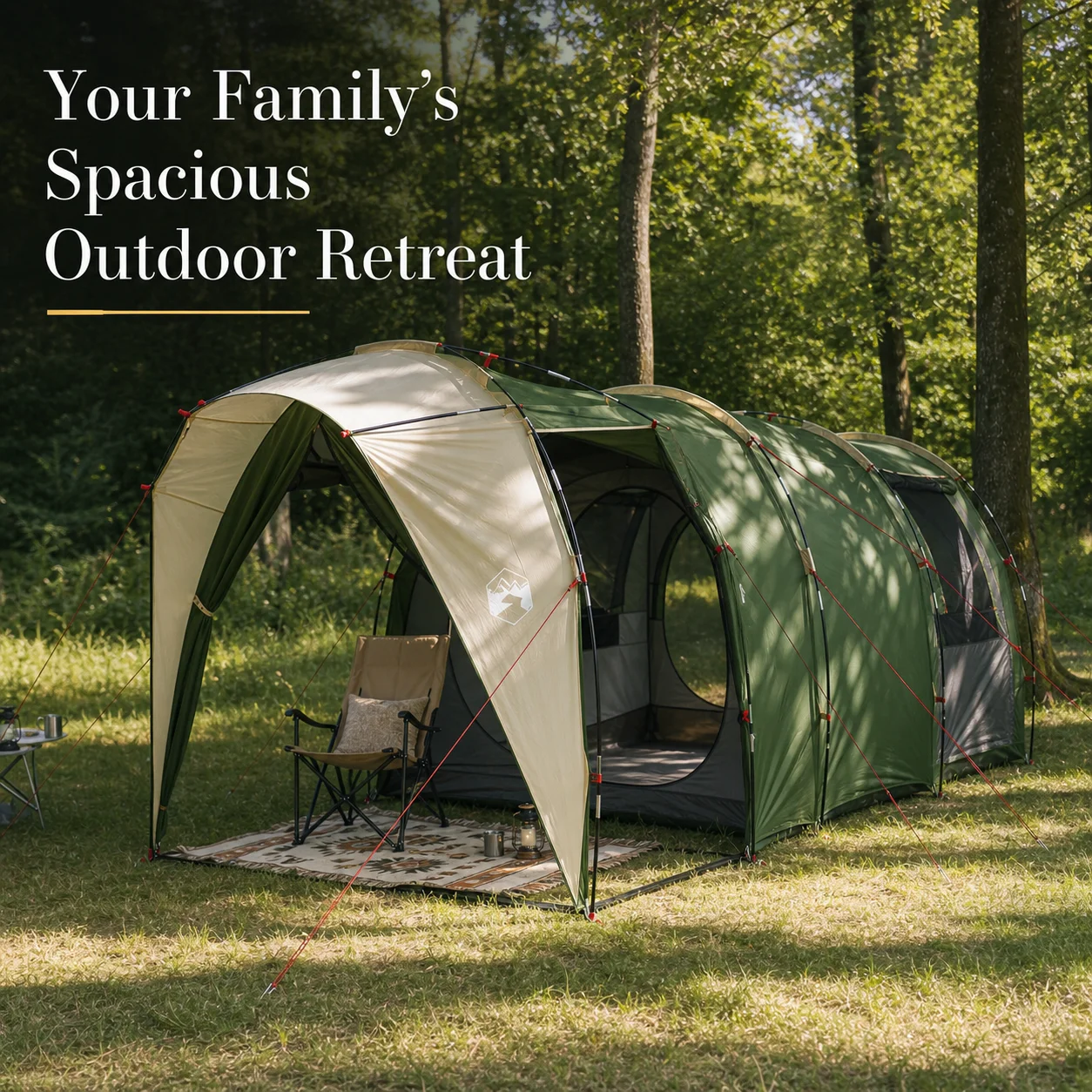 Tente tunnel pour camping familial, imperméable, spacieuse, verte, 382x262x214 cm