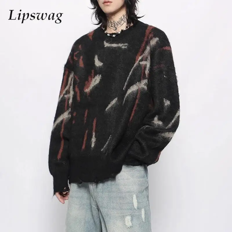 Streetwear Mens Furry Fleece Sweaters 2024 Autumn Casual Crew Neck Long Sleeve Knit Jumper Tops For Men Winter Y2K Sweatshirts