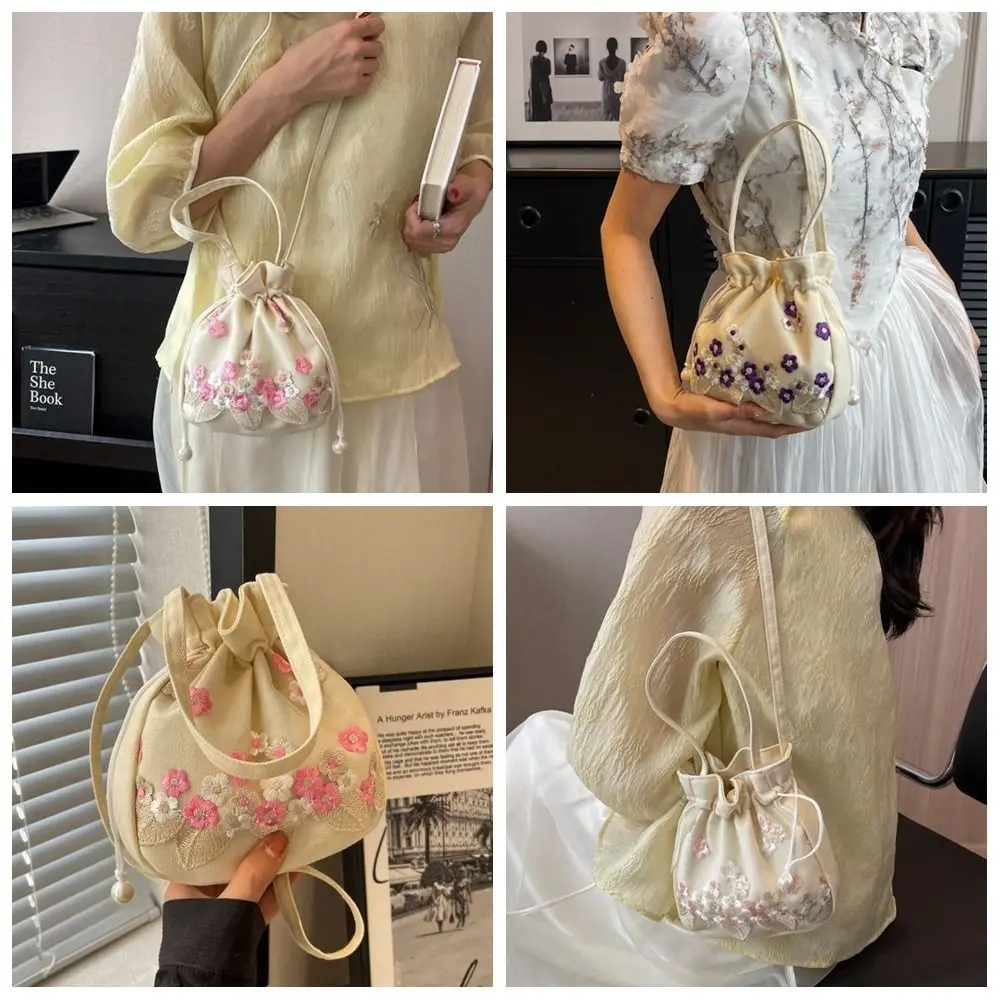 

Ethnic Style Hanfu Drawstring Bag Chinese Crossbody Bag Embroidery Flower Handbag Purse Shoulder Bag Floral Bucket Bag Daily