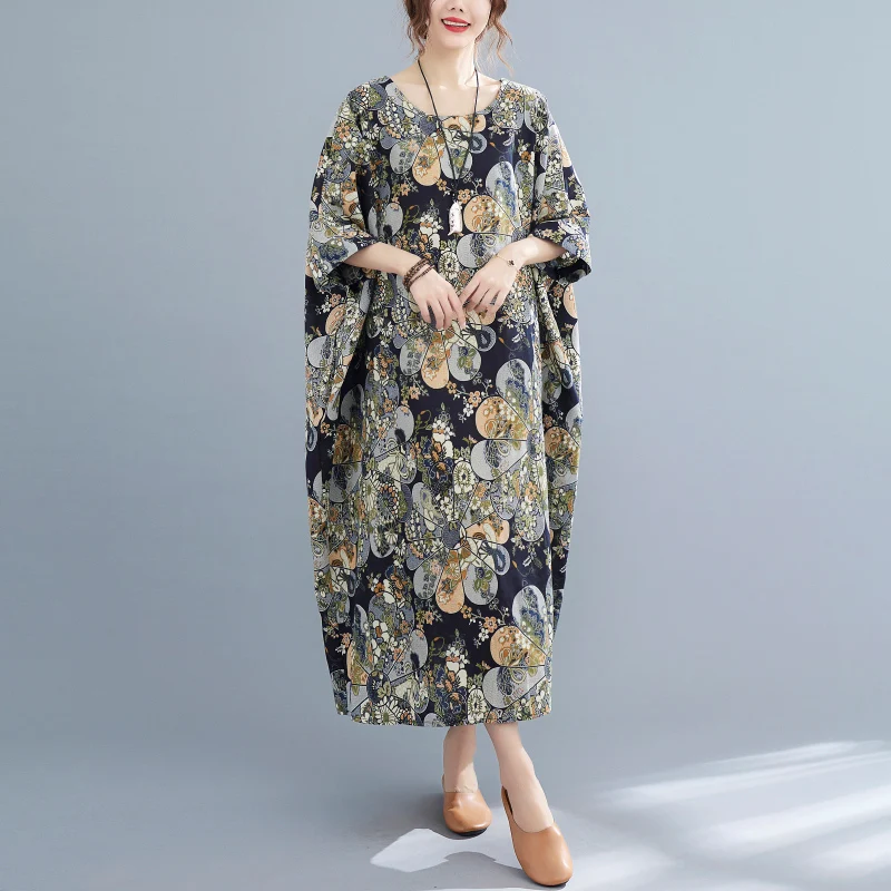 Rok A-Line Panjang Model Batwing Berbahan Katun Linen Motif Cetak untuk Wanita Ukuran Plus, Nyaman dan Bernapas untuk Musim Panas...