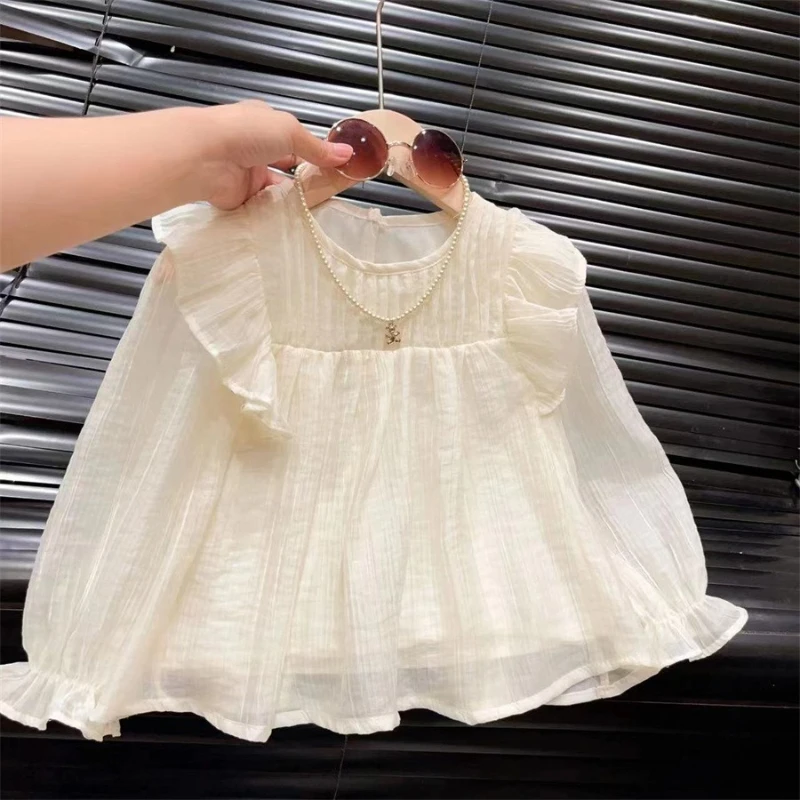 

2025 Autumn New Sweet Cotton Splicing Mesh Ruffle Decorative Solid Color Doll Shirt