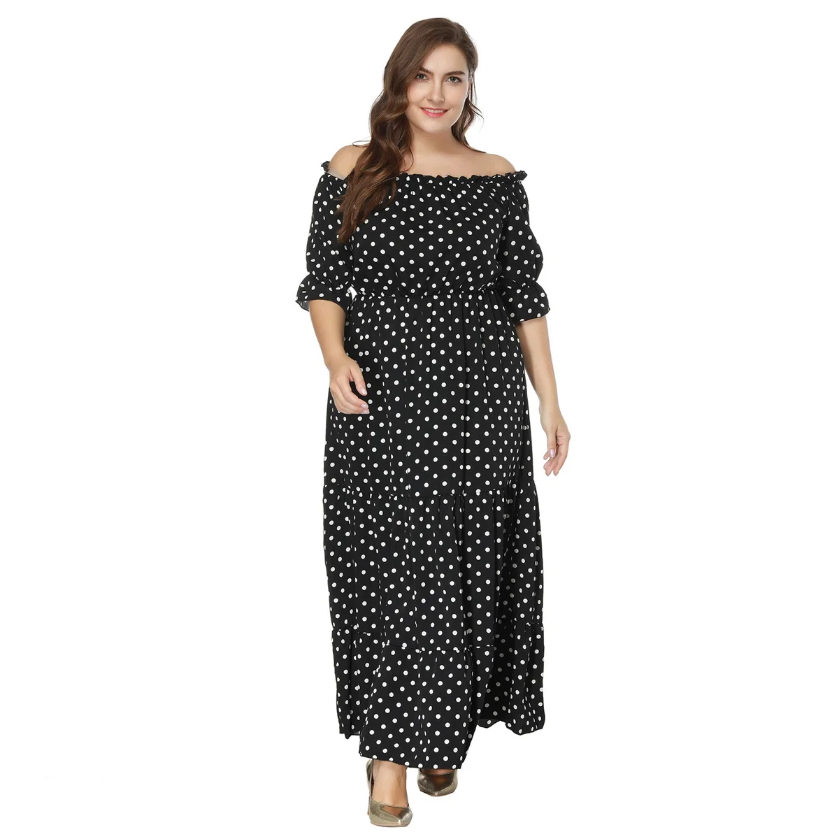 Plus Size New Arrival z krótkim rękawem nadruk w kropki swobodne sukienki letnie dla dużych kobiet