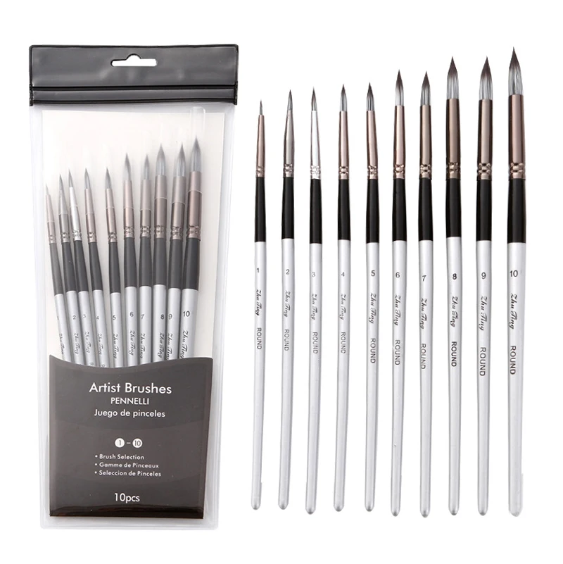10pcs Nylon Hair Wooden Handle Watercolor Paint Brush Pen Set For Drawing Diy Oil Acrylic Painting Art Paint Brushes Supplies