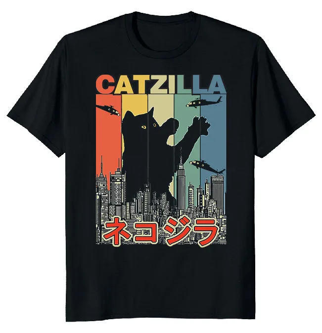 NEW LIMITED Catzilla Japanese Vintage Cute Funny Novelty Tee  Fast ShippingAnime Pattern Summer Clothing