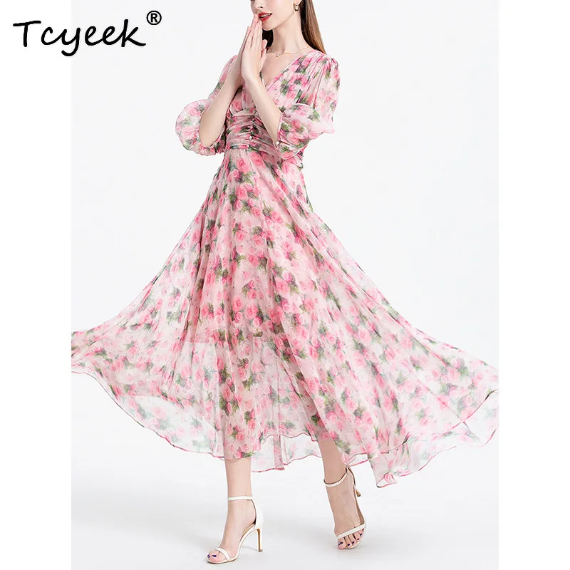 Tcyeek Abito floreale in vera seta di gelso al 100% Abiti estivi 2025 Donna francese dolce dimagrante scollo a V A-line Abito lungo nuovo 상ssi