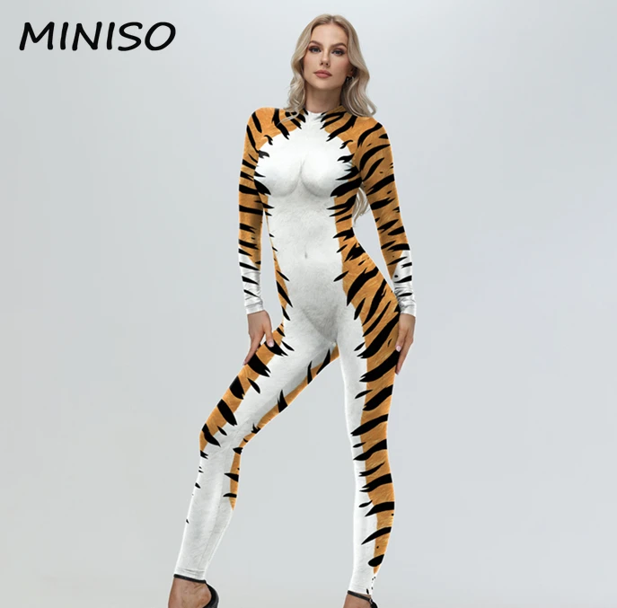 MINISO Cosplay Tier Tiger Muster Kostüm Weibliche Zentai Anzüge Halloween Party Overall Phantasie Kleid Erwachsene Frauen Bodys