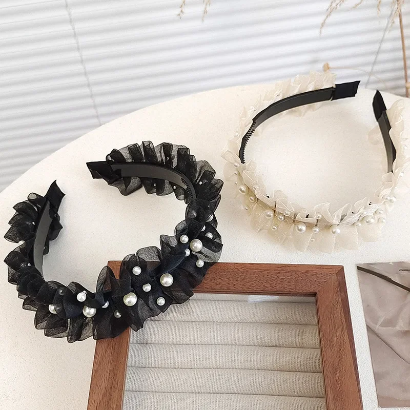 Stylish and Luxurious Pearl Black Headband with Net Yarn, Audrey Style and High-end Feeling for Women's Fashionable Outfits