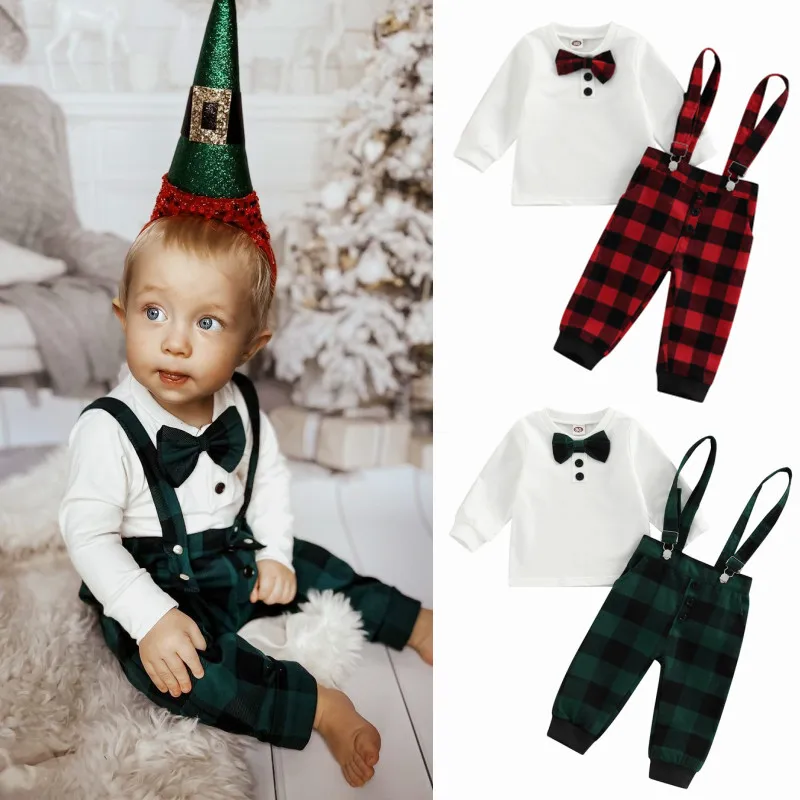 

2022-08-25 Lioraitiin 0-18M Infant Baby Boy Pants Suit Long Sleeve Round Neck Bow Shirt Plaid Print Suspender Trousers