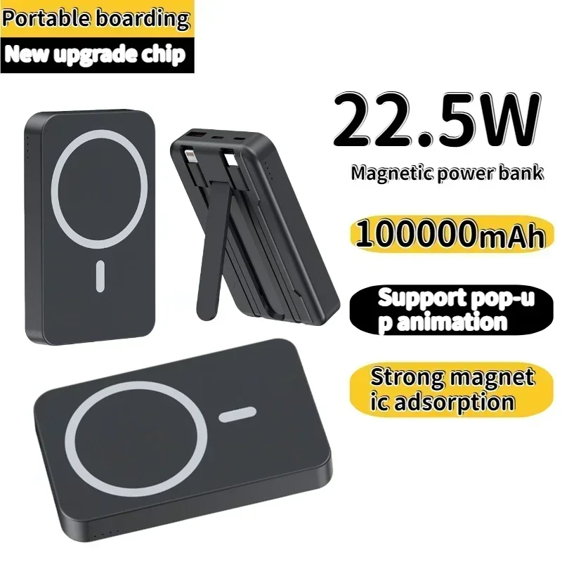 

New built-in cable bracket magnetic suction wireless power bank 100000mAh large capacity super fast charging mobile power supply