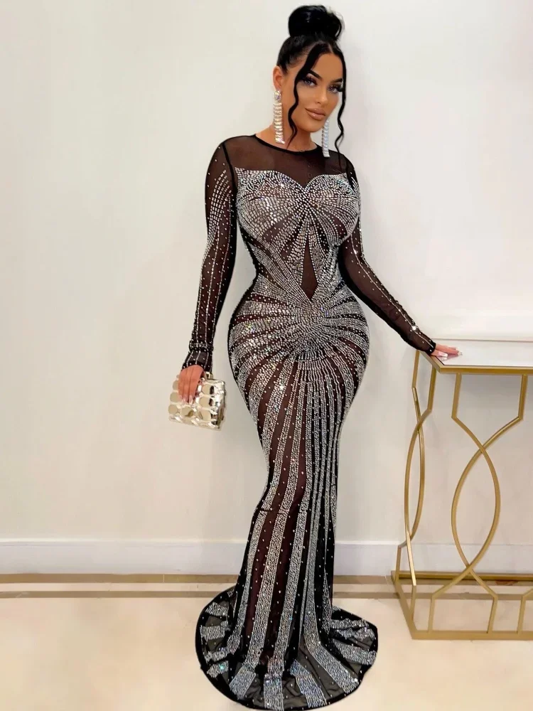 Sukienka damska Sukienki o długości do podłogi Okrągły dekolt Suknia imprezowa z pełnym rękawem Gorące wiercenie Hip Wrap Sexy Vestidos Wieczór Slim Fit — zdjęcie 4