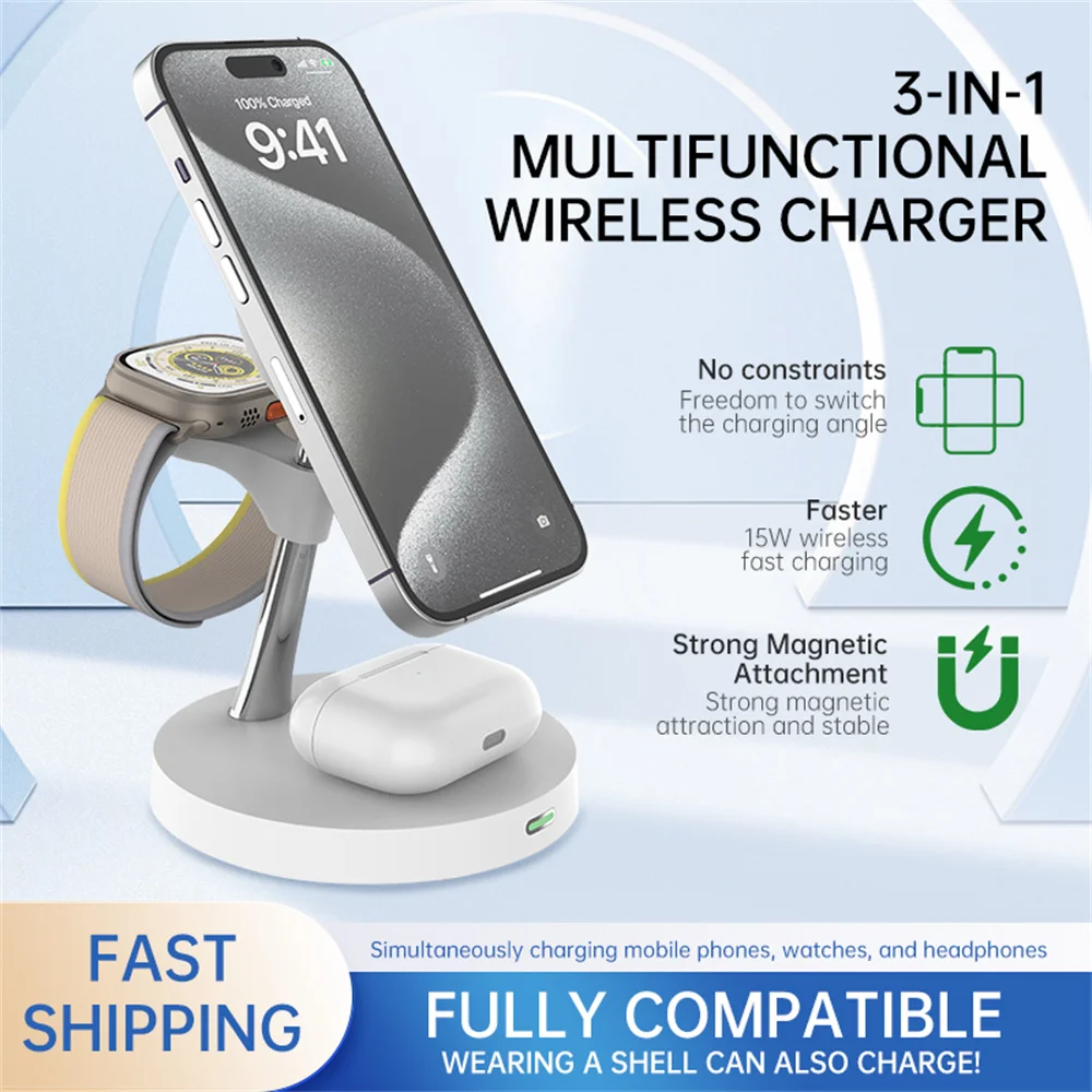 

30W Magnetic Wireless Charger For iPhone 15 14 13 12 Pro Max Magsafe Charger Airpods Pro Fast Charging Station For Apple Watch