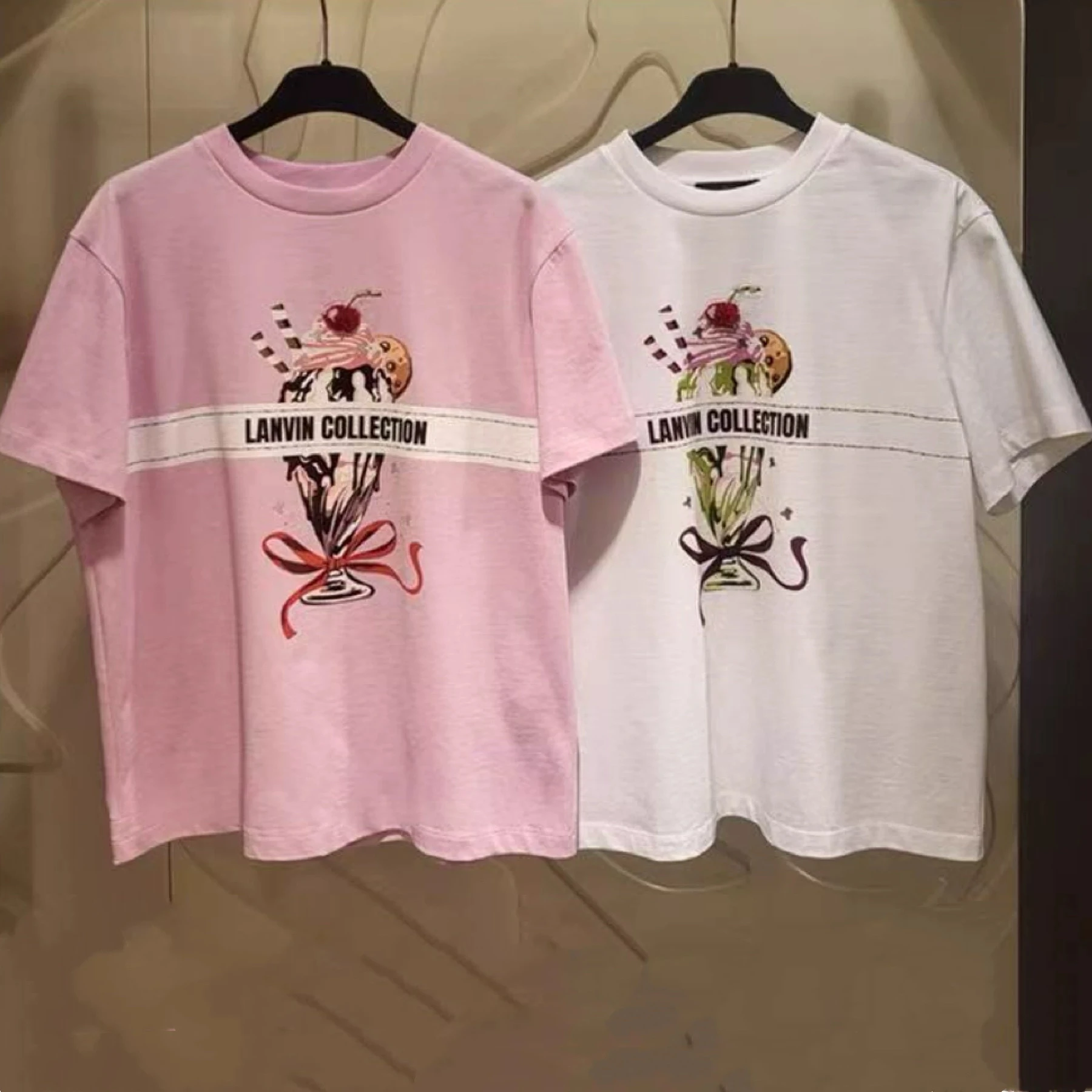 

Premium Korean L*NVN Spring Summer 2025 Embroidered Cherry Ice Cr Print Versatile Pure Cotton T-irt Commute Sle Loose...