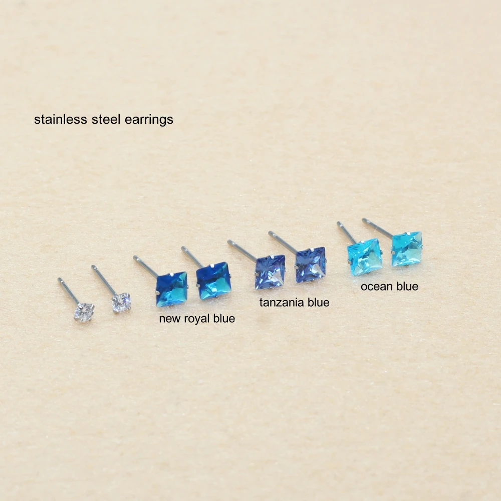 5mm Square Blue Zircon Stainless Steel Stud Earrings Brief Style for Men And Women Jewelry Accessory