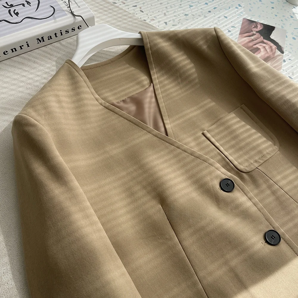 Wyszczuplająca wełniana kamizelka z plisami, dekolt w serek, rozcięcie, uniwersalna odzież robocza, długi rękaw, zapinana na guziki, jednolity kolor, wiosenna moda.