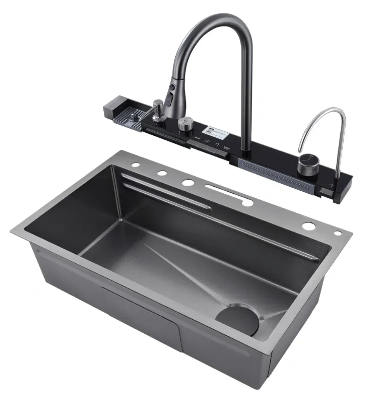 

Complete waterfall style kitchen sink with large single bowl, stainless steel modern polishing