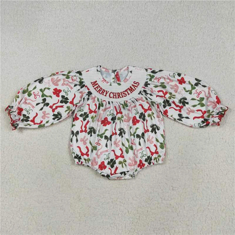 

Baby Girls Smocked Embroidery Merry Christmas Rompers with Colorful Bows Cute Holiday Outfit for Little Ones