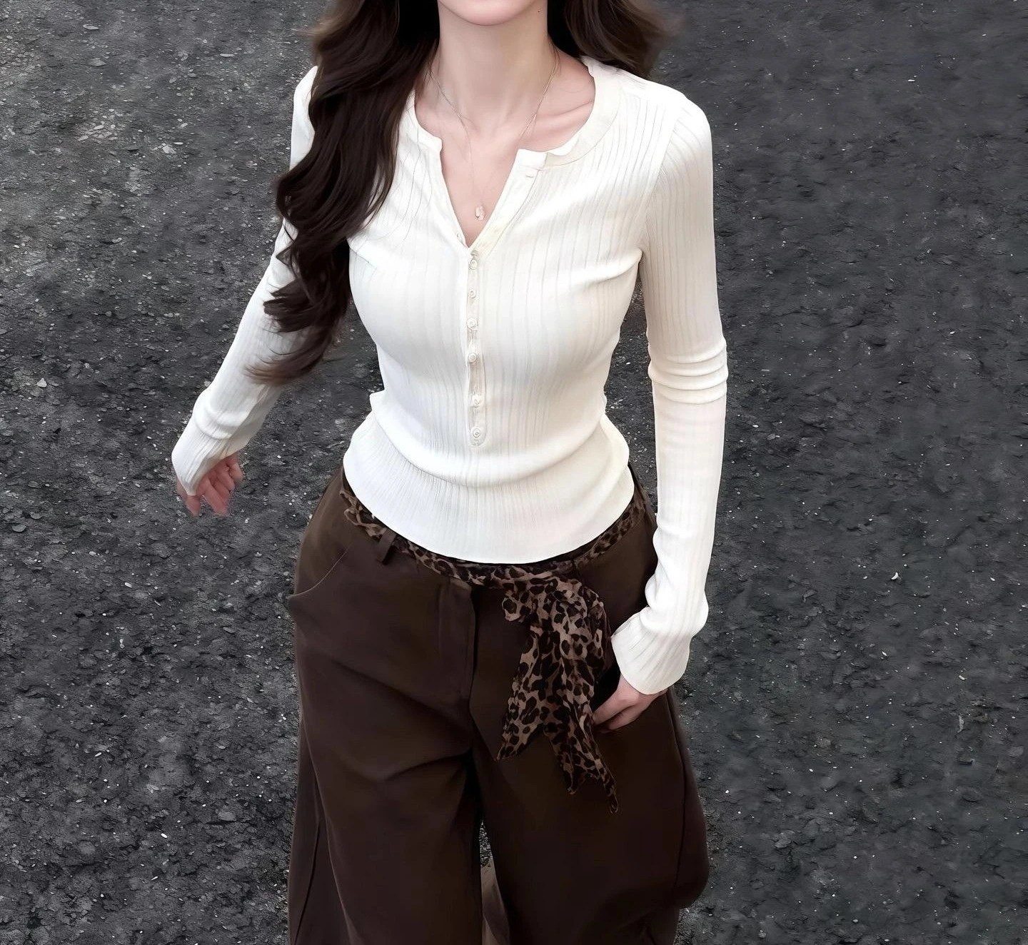 

V-neck Semi Open Button Knit Undershirt Women's Autumn and Winter Slim Fit Temperament Long Sleeved Top