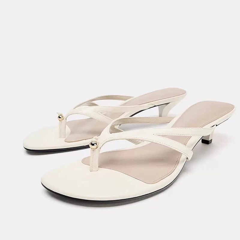 

2026 Summer New White Cat-heeled Round-toe Women Flip Flops Elegant Open Toe Outer Wear Pumps Female Fashion Dress Sandals