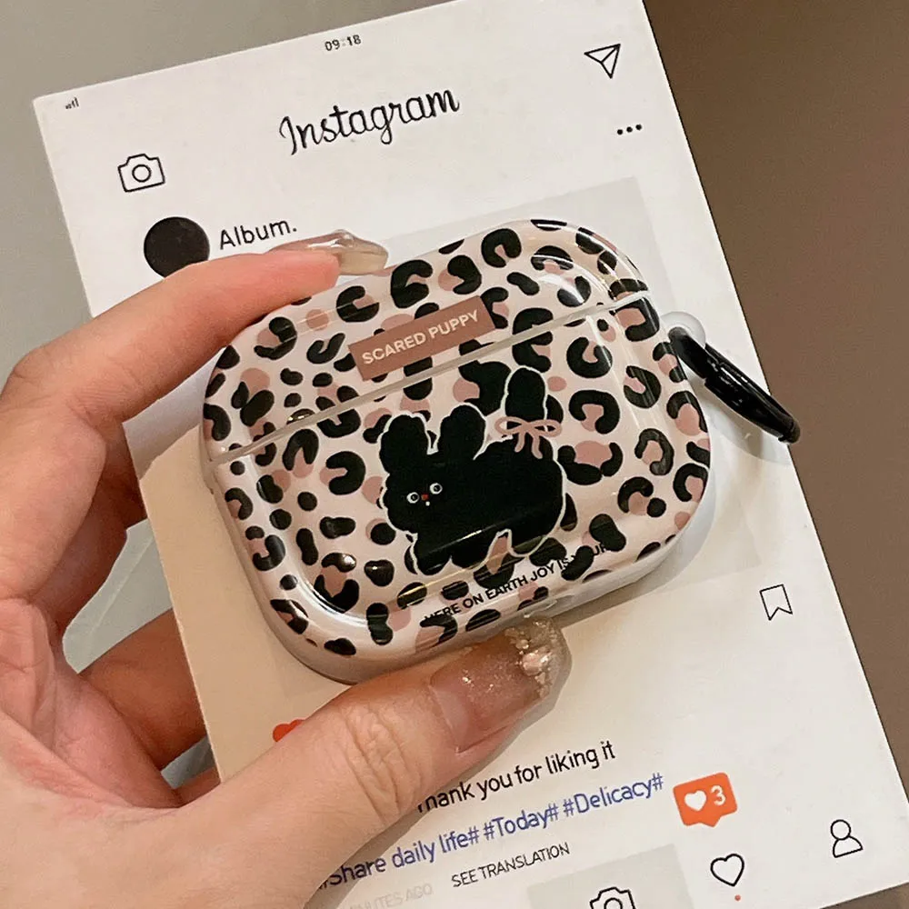 Cute Leopard Print Puppy Dog Case for AirPods 1 2 Cover for AirPods 3 Pro2 Air Pods Pro 2nd Wireless Box Shell with Keyring Hook