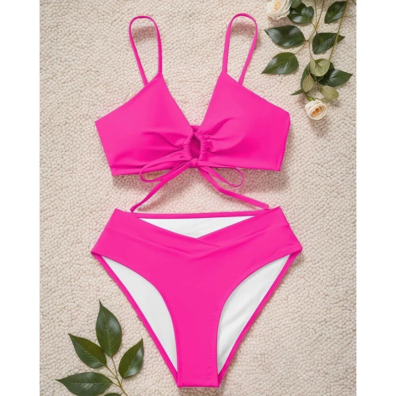 솔리드 수영복 여성 섹시 비키니 속이 비치는 레이스업 하이웨이스트 비키니 수영복 여름 2025 신상 패션 수영복 투피스 세트