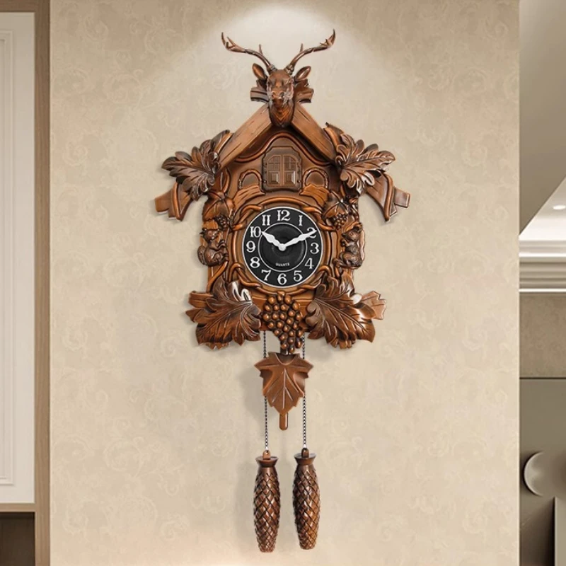 European Vintage Deer Head Wall Clock, Living Room, Advanced Sense, Decorative, Simplicity, Household Cuckoo on the Hour