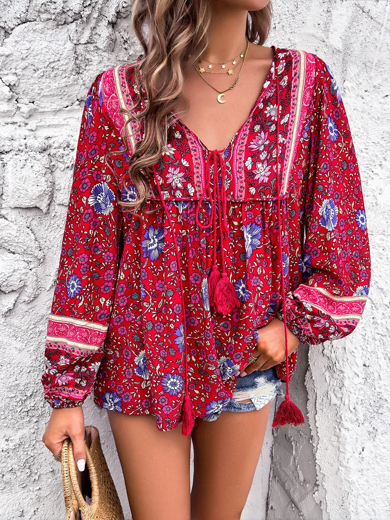 Fitaylor Spring Autumn Women Floral Print Top Casual Lady V-neck Puff Sleeve Loose Top Holiday Beach Top