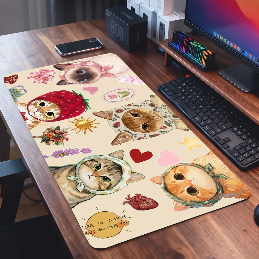 Cats and Plants Country Style Mouse Pad For Office Gaming And Keyboards Non-Slip Large Waterproof
